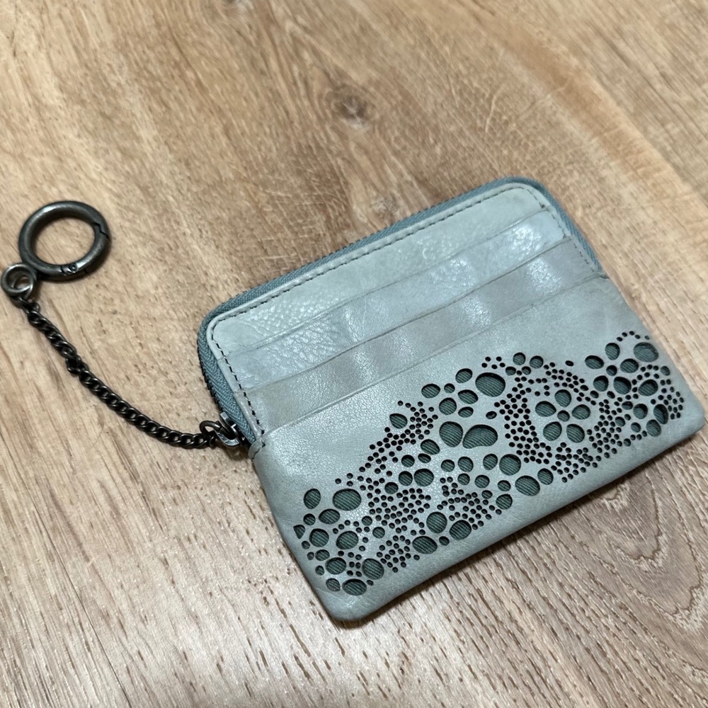 Light Blue Gray Leather Boho Pinhole Cut Card Holder Wallet Coin Pouch‎ w/ Chain